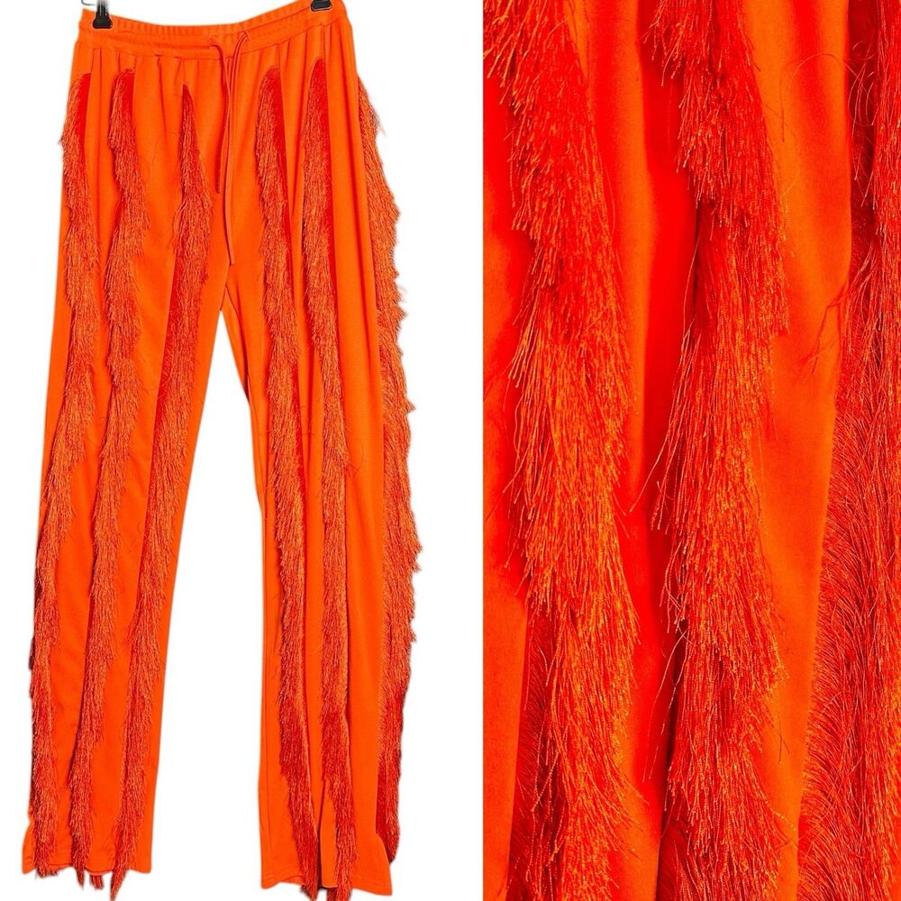 Orange Fringe Dance Pants *Women Sz M*  Rave Burning Man Coachella EDC Festival